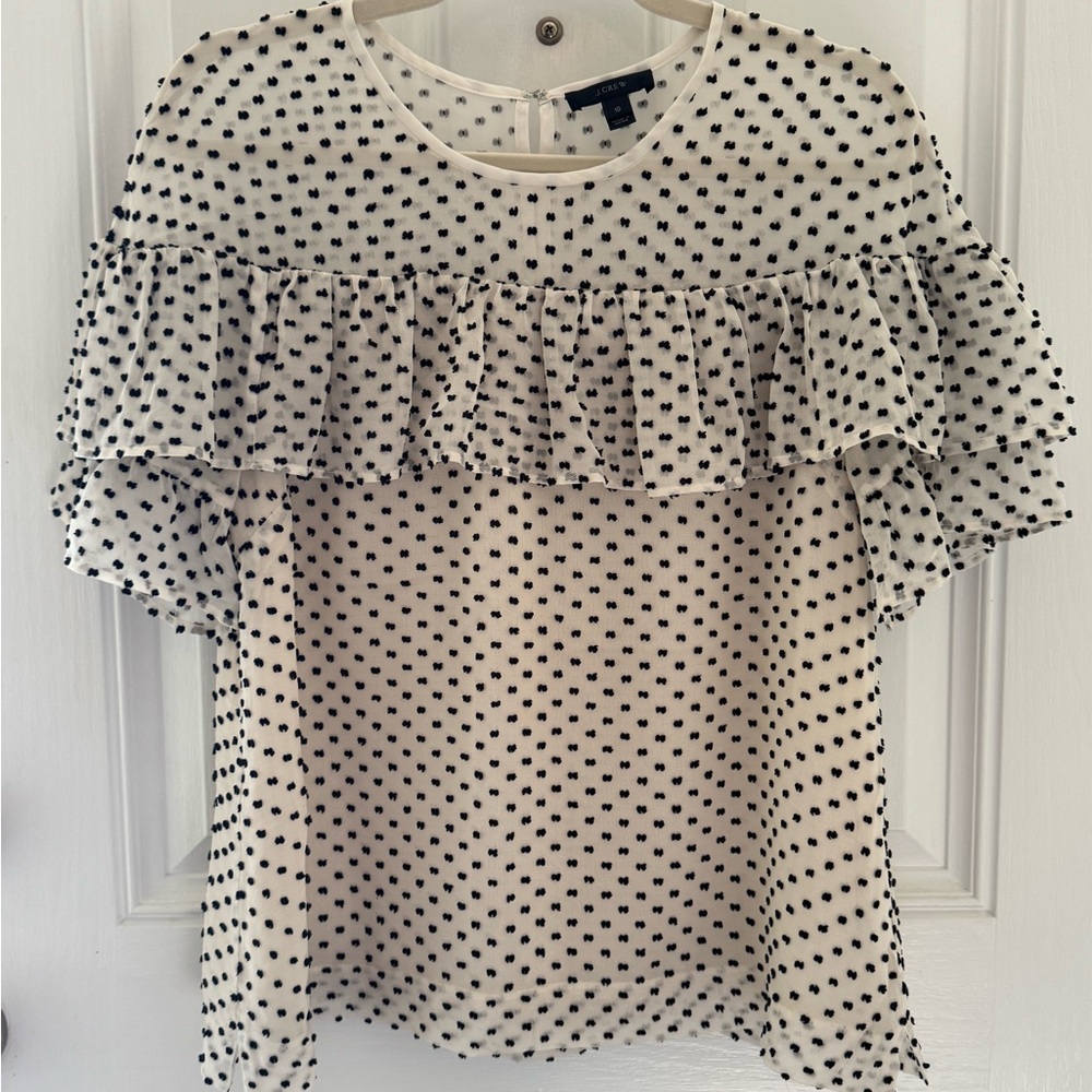 J. Crew Silk Blend Ruffle Blouse - Black and Ivory